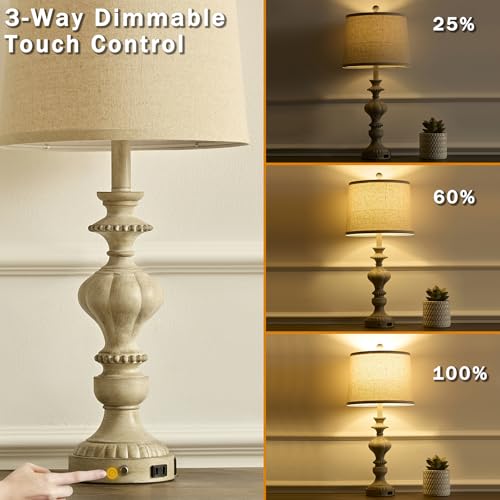 SAIWEYA 27.5" Farmhouse Table Lamps Set of 2, 3 Way Dimmable Touch Lamps | Touch Control, Dimmable, USB C+A Ports & AC Outlet, Bulbs Included, Bedside Nightstand Lamp for Living Room, Bedroom - color: Gray