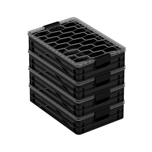 Quarter Crate 4-Pack Stackable Storage Bins, Black | Polypropylene, 14 dividers included, 19.16x12.75x4.57 in, over 1000 lb stack, lids sold separately - color: Black