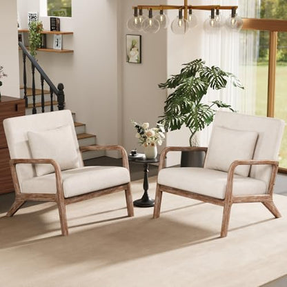Modern Accent Chairs Set of 2,Upholstered Reading Arm Chair with Lumbar Pillow & Solid Wood Frame, Living Room Chairs, Breathable Linen,Beige - color: New Arrival - Beige, Linen, New Armrest, size: Set of 2