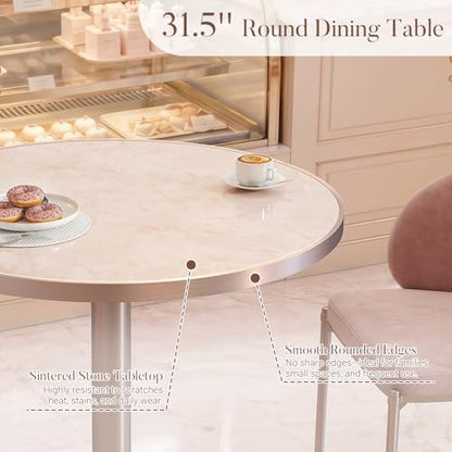 31.5'' Tulip Table, Round Dining Table with Glossy Sintered Stone Tabletop | Rose Gold Aluminum Alloy Edge & Pedestal, Small Bistro Table for Dining Room/Café/Small Spaces/Restaurant (Blush Onyx) - color: Blush Onyx (Rose Gold), size: Round