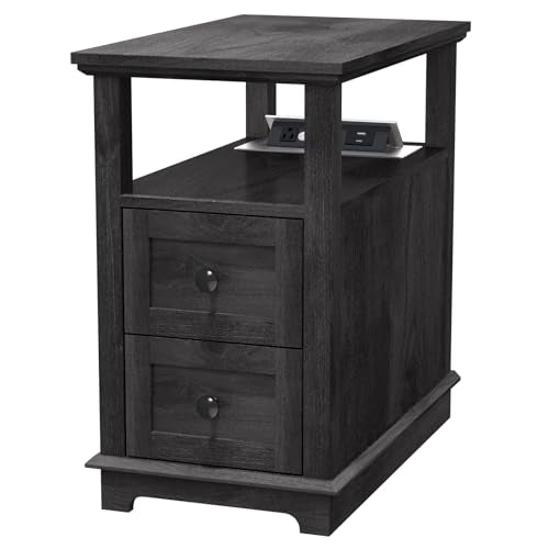 HIFYOBRO Narrow End Table with Flip Top Charging Station and 2 Drawers | Type-C & USB Port & Power outlets, Wooden Storage Cabinet, Side Table with Storage for Living Room and Bedroom - color: Blackgrey, size: 1 Piece