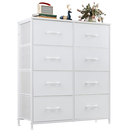 OLIXIS Dresser for Bedroom, 8 Storage Drawers, Tall Fabric Tower Organizer | Large Dresser for Closet, Chest of Drawers with Metal Frame Wooden Top for Nursery, Living Room, Entryway, White - color: White, size: 11.8"D x 31.5"W x 36.4"H (8 Drawers)