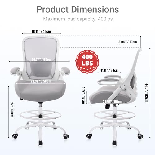 400lbs Heavy Duty Drafting Chair 5" Thickened Seat Office Chair with Flip-Up Armrests Tall Ergonomic Computer Chair with Lumbar Support and Adjustable Footrest Ring Standing Desk Chair (Grey) - color: Grey
