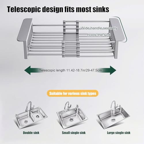Extend Kitchen Sink Drain Basket, Adjustable Length 11.42-18.7in, Stainless Steel Dish Drying Rack for Kitchen, Retractable Over The Sink Drainer for Dishes, Fruits, Vegetables (Black) - color: Black