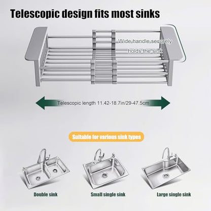 Extend Kitchen Sink Drain Basket, Adjustable Length 11.42-18.7in, Stainless Steel Dish Drying Rack for Kitchen, Retractable Over The Sink Drainer for Dishes, Fruits, Vegetables (Gray) - color: Gray