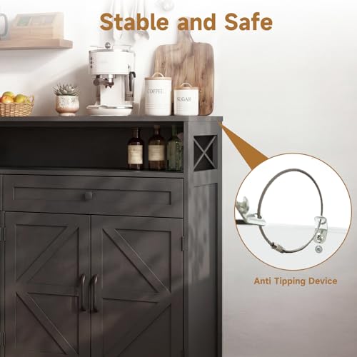 Lahomie 47" Sideboard Buffet Storage Cabinet, Coffee Bar Cabinet,Dark Brown | Coffee Bar Station with Power Outlet, Farmhouse Sideboard with 2 Drawers Adjustable Shelves Open Shelf, Kitchen, Living Room - color: Dark Brown, size: 47"W