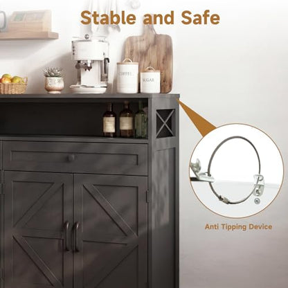 Lahomie 47" Sideboard Buffet Storage Cabinet, Coffee Bar Cabinet,Dark Brown | Coffee Bar Station with Power Outlet, Farmhouse Sideboard with 2 Drawers Adjustable Shelves Open Shelf, Kitchen, Living Room - color: Dark Brown, size: 47"W