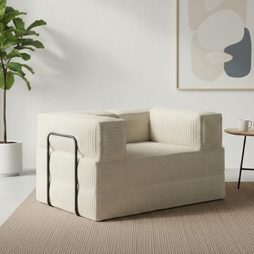 WLIVE 60'' Futon Sofa Bed, Convertible Sleeper Sofa, Folding Pull Out Couch Boneless Mattress with Fixed Frame, Corduroy, Greyish Beige - color: Greyish Beige, size: 60'' / Convertible Sleeper Sofa