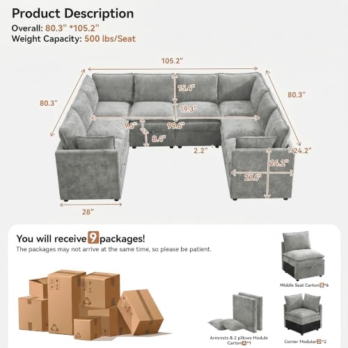 105" Light Grey Oversized Modular Storage Sofa, U Shaped Chenille Couch | Oversized Convertible Sectional Sofa, 8-Seat Sectional Couch With Armrests, Large Cloud Couch For Living Room, Apartment. - color: Light Grey, size: 105"U-Shape Sofa