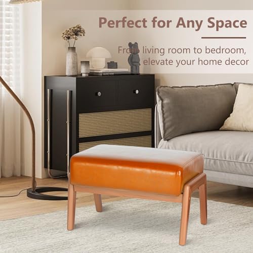 15inch Ottoman Foot Rest, Leatherette Ottoman Bench, Modern Accent Sofa Stool Foot Stool for Accent Chair, Walnut Wood Frame & Thickness Cushion, Yellowish - color: Yellow