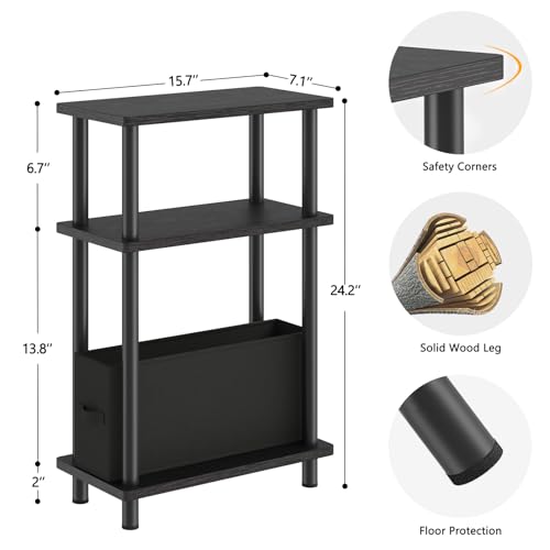Apicizon Narrow Side Table with Fabric Basket, 3-Tier End Table, Black | Sofa Side Table, Wood Storage Shelf, Slim Nightstand, Skinny Bedside Table for Narrow Spaces, Living Room, Bedroom - color: Black, style: Narrow Side Table with Basket