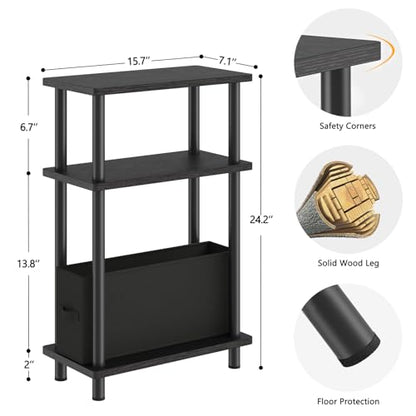 Apicizon Narrow Side Table with Fabric Basket, 3-Tier End Table, Black | Sofa Side Table, Wood Storage Shelf, Slim Nightstand, Skinny Bedside Table for Narrow Spaces, Living Room, Bedroom - color: Black, style: Narrow Side Table with Basket
