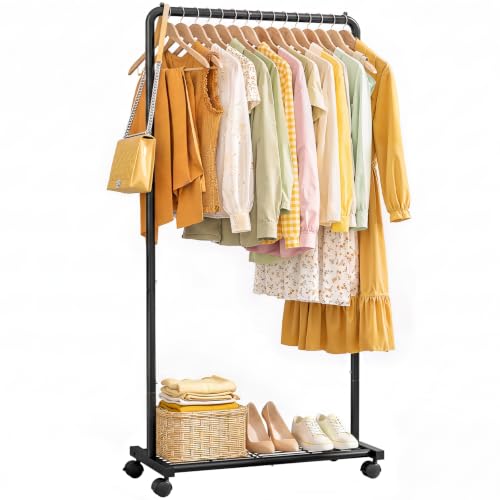 Sakugi Clothes Rack - Clothing Rack with Storage Mesh Shelf & Casters, Heavy-Duty Metal Clothing Rack for Hanging Clothes, Dresses, Coats, Large Load Capacity, Easy Assembly, Black, 28.0"x16.9"x59.0" - color: Black, size: 28.0" x 16.9" x 59.0" (1 Rod)