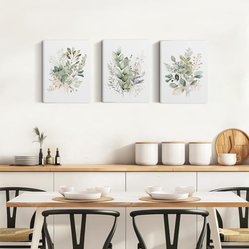 Framed Bathroom Wall Art Set of 3 for Rustic Botanical Prints,Watercolor Botanical Wall Art,Sage Green Painting Eucalyptus Leaf Art Pictures,Modern Boho Floral Wall Decor for Room Living Room Bedroom Decorations,12x16inch - color: Watercolor Flower, size: