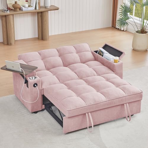 66" Multi-Functional Pull-Out Sofa Bed with Hidden Side Table, Storage Armrests, Built-in Charging Port, Spring Mattress, Solid Wood Frame – Ideal for Small Spaces, Easy Assembly - color: 1007--pink