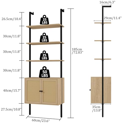Yusong 73" Tall Bookshelf with Cabinet, Industrial Ladder Wall Mount Shelf Rattan Bookcase with Wood and Metal Frame, Plant Shelf Wall Storage Display for Living Room Bedroom,Light Ivory Brown - color: Light Brown