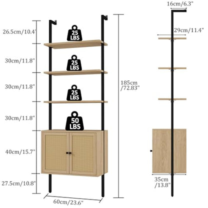 Yusong 73" Tall Bookshelf with Cabinet, Industrial Ladder Wall Mount Shelf Rattan Bookcase with Wood and Metal Frame, Plant Shelf Wall Storage Display for Living Room Bedroom,Light Ivory Brown - color: Light Brown