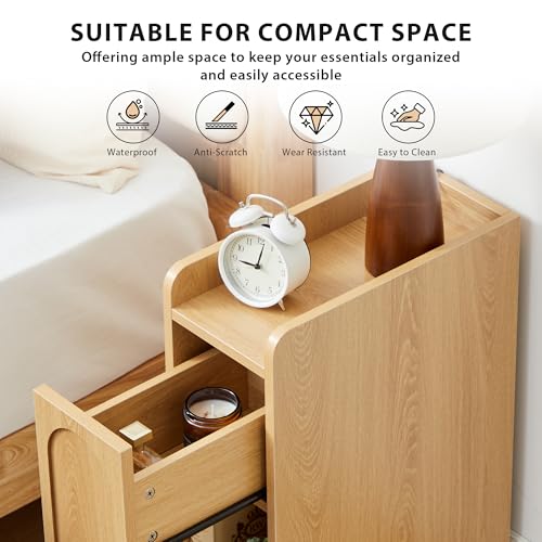 Narrow Nightstands Set of 2, Slim Bedside Tables with Raised Edge Top, Arched Drawer & Open Shelf, Modern Wooden Small End Tables for Bedroom Small Spaces (2, Natural) - color: Natural-arched Drawer, size: 2-Pack