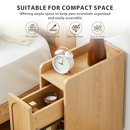 Narrow Nightstands Set of 2, Slim Bedside Tables with Raised Edge Top, Arched Drawer & Open Shelf, Modern Wooden Small End Tables for Bedroom Small Spaces (2, Natural) - color: Natural-arched Drawer, size: 2-Pack