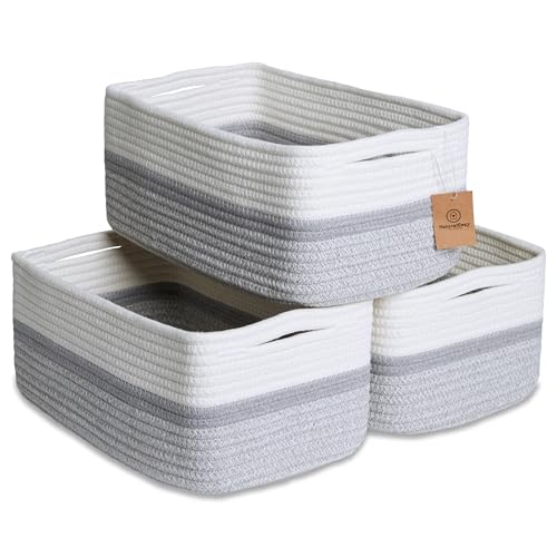 NaturalCozy 13.5”x8.5”x5.5” Storage Baskets for Shelves 3 Pack | Cotton Rope Woven Small Baskets for Organizing | Small Storage Bins for Nursery, Bathroom, Closet, Cube Shelf, Decorative, Gift - color: Off White & Gray & Mixed Gray, size: 13.5" x 8.5" x 5
