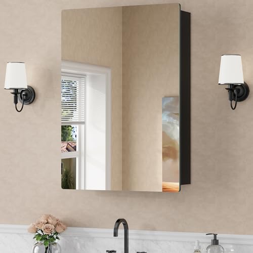 20 x 28 Recessed Medicine Cabinet with Mirror for Bathroom, Black | Wall Mounted Cabinet for Storage, Adjustable Glass Shelves, Soft-close DTC Hinges, HD Reflection, Pre-assembled, Aluminum - color: Black, size: 20x28
