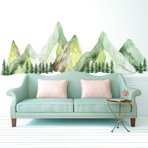 Large Mountain Wall Decals, Green Pine Tree Peel and Stick Vinyl Wall Stickers & Murals, Removable Home Room Wall Decor for Bedroom Living Room Bedroom Classroom Office Nursery - color: Green