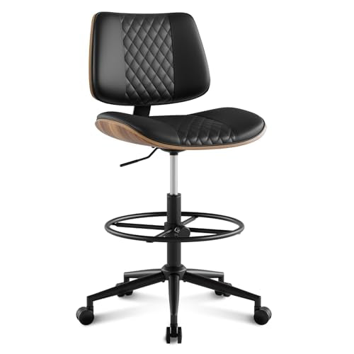 Drafting Chair with Adjustable Footrest, Rolling Walnut Stool, Black | Armless Tall Swivel Stool for Standing Desk, PU Leather Curved Bentwood, Rolling for Office & Art Studio, 300LBS Capacity - color: Black
