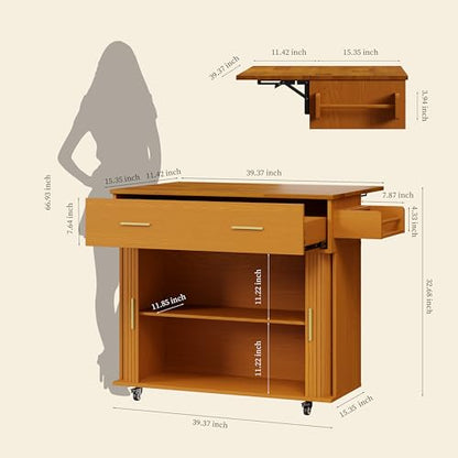 DHH Rolling Kitchen Island with Drop Leaf Countertop&Ample Storage - 39.4" Small Mobile Kitchen Cart On Wheels with Sliding Door,Drawers,Spice Rack & 2-Tier Storage (Yellow Walnut) - color: Yellow Walnut