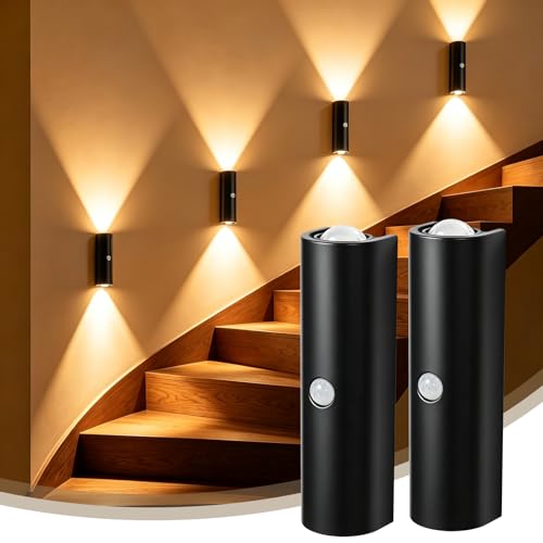 2 Pack Motion Sensor Wall Light, Rechargeable Wall Sconces | Wall Sconces Battery Operated with 3 Colors & Dimmable, Magnetic Wireless Wall Sconces for Stair Bedroom Hallway (Black) - color: Black