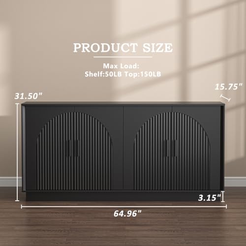 Buffet Cabinet with Storage, 65" W Fluted Sideboard Buffet Cabinet with Adjustable Shelves, Single-Box Modern Wood Credenza Accent Storage Cabinet for Dining Room Living Room Hallway, Black - color: Black, size: 65'' WIDE