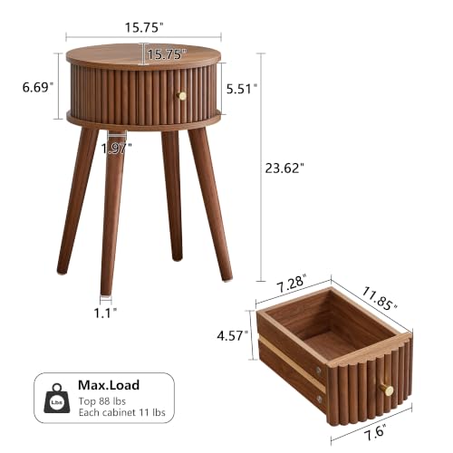 Round Fluted Side Table Set of 2, Small End Table with Fluted Drawer, Mid-Century Modern Wooden Bedside Table Round Nightstand Small Sofa Side Table for Living Room(Walnut) - color: Walnut, size: 15.7"D x 15.7"W x 23.6"H