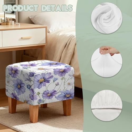 Purple Daisy Print Ottoman Cover Stretch Ottoman Slipcover Square, Polyester and Spandex Fabric for Square Ottomans, Storage Stool, Universal Footstool Protector - color: Purple Daisy