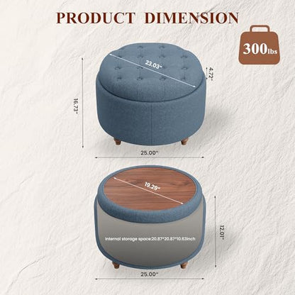 25" Round Ottoman with Storage, Small Coffee Table with Reversible Tray Lid | Tufted Fabric Round Storage Ottoman with Solid Wood Legs, 3-in-1 Footrest for Living Room, Bedroom, Entryway, Blue - color: Blue