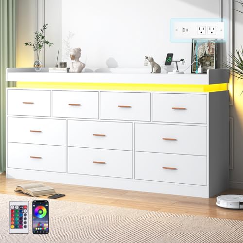 jiteentarou 10 Drawer Dresser with Charging Station and LED Lights, Modern Chest of Drawers with Power Outlet, Organizer Cabinet for, Living Room, Entryway, White - color: White, size: 18.9"D x 70.1"W x 39.8"H (10 Drawers)