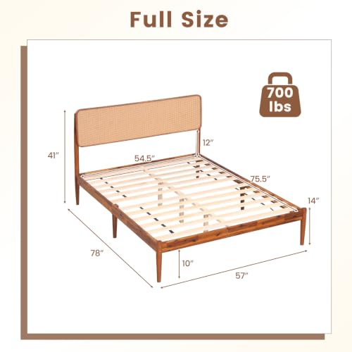 Giantex Wooden Bed Frame Full Size, Rattan Headboard Platform Bed (Full) | Wooden Slat Support, Acacia Wood Mattress Foundation No Box Spring Needed - size: Full