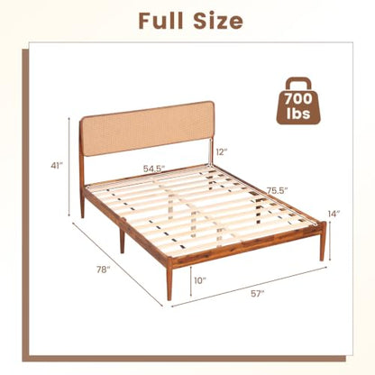 Giantex Wooden Bed Frame Full Size, Rattan Headboard Platform Bed (Full) | Wooden Slat Support, Acacia Wood Mattress Foundation No Box Spring Needed - size: Full