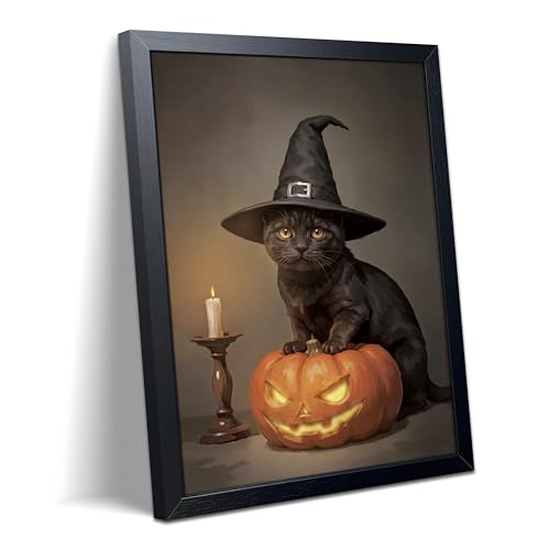 REZFGU Halloween Black Cat Pumpkin Canvas Framed Poster Painting Print Picture, Witch Hat Cat Wall Art, Cute Animal Gothic Fall Wall Decor for Living Room Bedroom Bathroom Home Decor 8x10 Inch - color: A-Black Cat, size: 10"L x 8"W