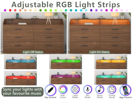 6 Drawer Dresser for Bedroom with Charging Station, Dresser with LED Light | Chest of Drawers for Closet, Modern Dressers with Open Storage Cubby, Double Wide Dressers - color: Walnut
