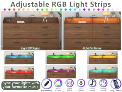 6 Drawer Dresser for Bedroom with Charging Station, Dresser with LED Light | Chest of Drawers for Closet, Modern Dressers with Open Storage Cubby, Double Wide Dressers - color: Walnut