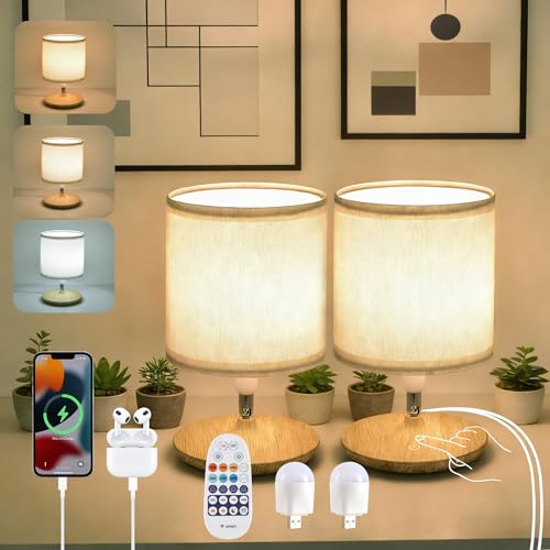 Table Lamps Set of 2, Bedside Lamps with USB C Ports for Nightstand, Dimmable Touch Table Lamps for Bedroom Living Room, 3 Color Temperatures with Remote & App Control, 2 LED Bulbs Included - color: Light Wood