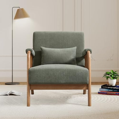 IOMOR Mid Century Modern Accent Chair with Solid Wood Frame, Upholstered Living Room Chairs with Lumbar Cushion Padded Arms, Reading Armchair for Bedroom (1, Olive Green) - color: Olive Green