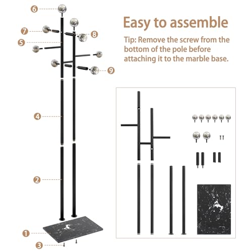 Metal Standing Coat Rack for Entryway Bedroom Living Room (Black) | Easy Assembly, Compact Footprint, Space Saver, Metal Frame, Marble Base, Sturdy, 8 Spherical Hooks, Office, Corner - color: All Black