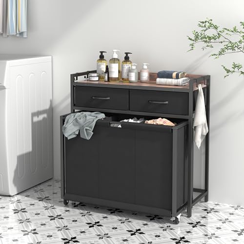 STIKELY Laundry Hamper Laundry Basket with 3 Section Pull-Out Rolling Bags, Laundry Sorter for Organization and Storage with 2 Pull-Out Drawers for Laundry Room, Bathroom, Bedroom Use (Rustic Brown) - color: Brown+Black, size: 32.68'' x 31.81'' x 12.6''