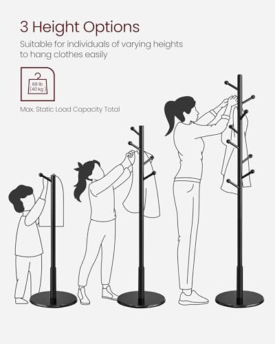 VASAGLE Solid Wood Coat Rack, Free Standing Hall Coat Tree with 8 Hooks, 3 Height Options, for Coats, Hats, Bags, Purses, for Entryway, Hallway, Rubberwood Hooks and Pole, Ink Black URCR007P33 - color: Ink Black, style: Round Base + Spherical Hooks