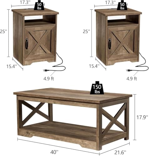 3 Piece Living Room Table Set with Barn Door, Barnwood | Includes Coffee Table and 2 End Tables, Charging Station &USB Ports, Rustic Farmhouse Style, Living Room Furniture Set - color: Barnwood
