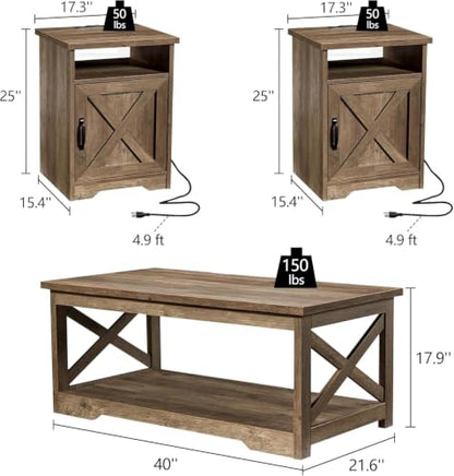 3 Piece Living Room Table Set with Barn Door, Barnwood | Includes Coffee Table and 2 End Tables, Charging Station &USB Ports, Rustic Farmhouse Style, Living Room Furniture Set - color: Barnwood