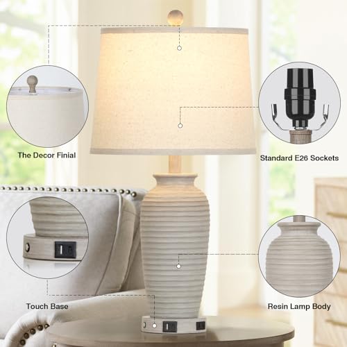CINSARY 25" Farmhouse Jar Table Lamps Set of 2, 3 Way Touch Control Rustic Bedside Lamps with USB A+C Ports & AC Outlet, Pot Nightstand Lamps for Bedroom Living Room (LED Bulbs Included) - color: Light Gray