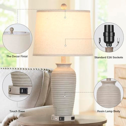 CINSARY 25" Farmhouse Jar Table Lamps Set of 2, 3 Way Touch Control Rustic Bedside Lamps with USB A+C Ports & AC Outlet, Pot Nightstand Lamps for Bedroom Living Room (LED Bulbs Included) - color: Light Gray