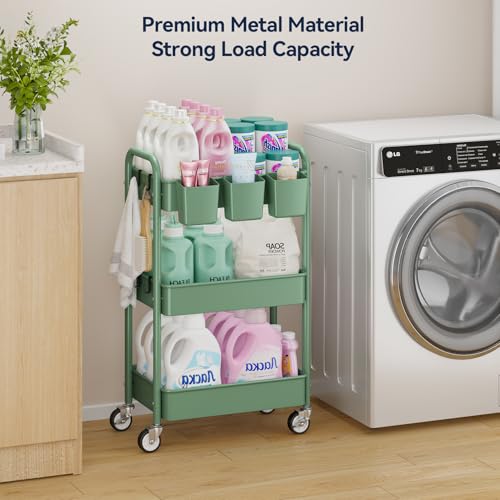 3-Tier Rolling Cart, Green, 66 Pounds Capacity, Mesh Storage Organizer with Lockable Wheels, 3 Hanging Cups, 4 Hooks, Easy Assembly, for Kitchen, Bathroom, Laundry, Grocery | Sturdy Rolling Storage Cart With Hooks & Hanging Cups, Great For Craft, Art Work