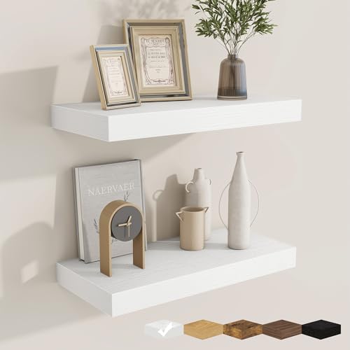 fuqing Floating Shelves for Wall, Wall Mounted Wood Floating Shelf with Invisible Brackets for Living Room, Bathroom, Bedroom, Kitchen Storage and Decor, 16 Inch Set of 2, White - color: White, size: 16"W x 6.5"D , 2 Pack